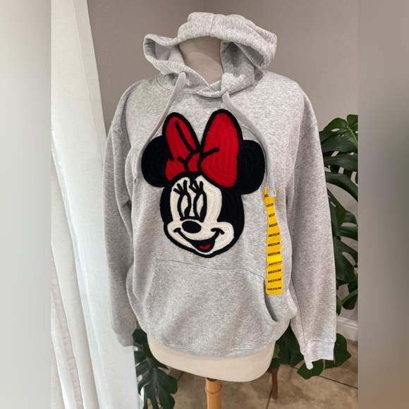 Disney Sweaters - Disney Minnie Mouse Chenille Appliqué‎ Hoodie M Heather Gray, NWT